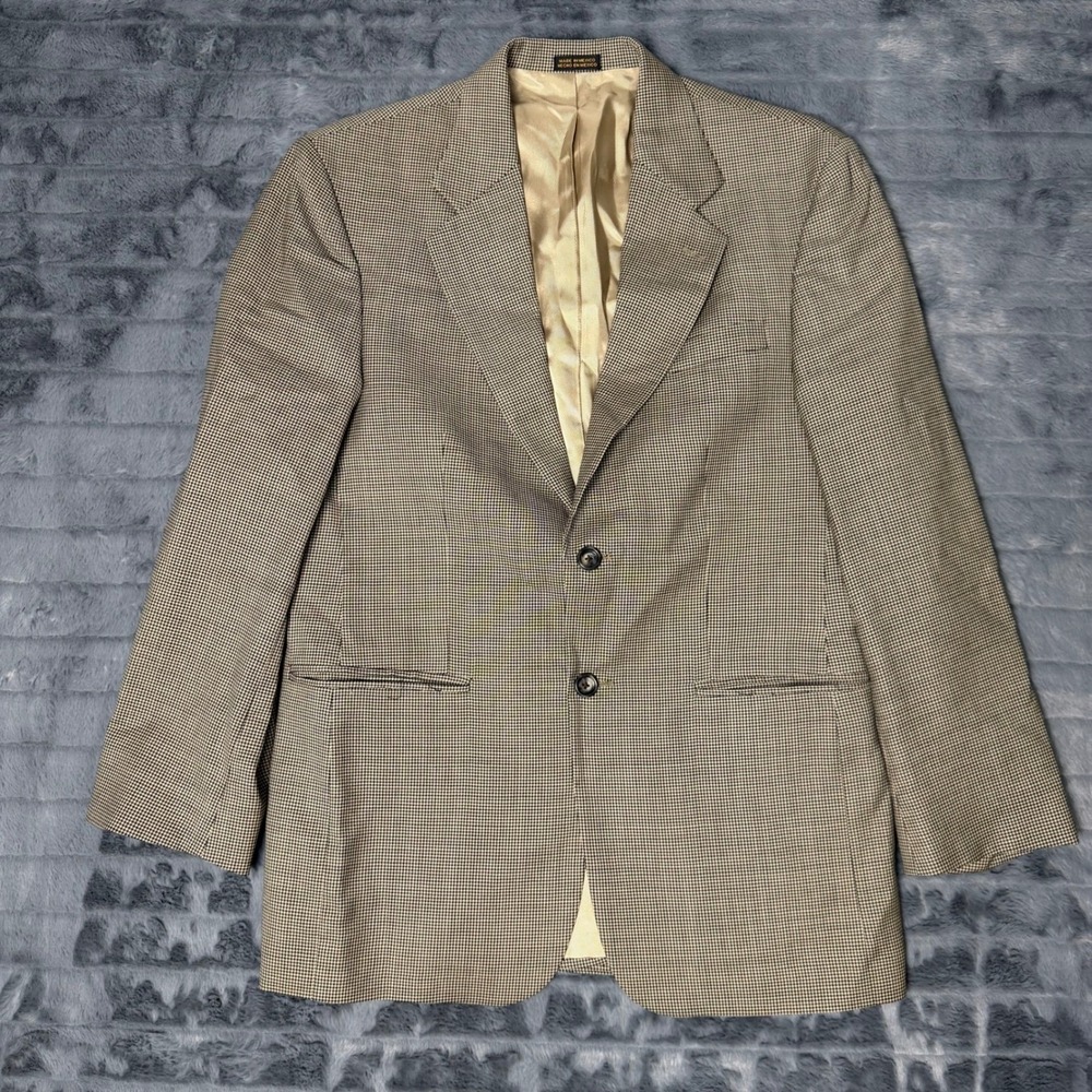 Stafford Mens 38R Wool Blazer Houndstooth Tan Black Sport Coat 2 Button 38 R